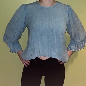 Style Envy faux denim cropped blouse with flowy sleeves
